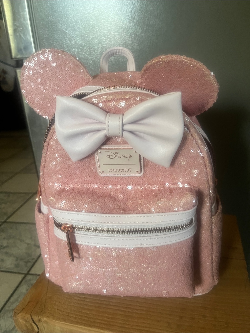 Loungefly Pink Sequin Mini Backpack with Bow & Ears